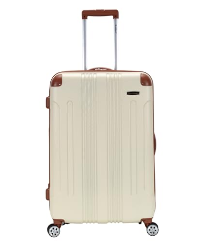 Rockland London Hardside Expandable Spinner Wheel Luggage, Checked Large 28", White - color: White with Brown Trim, size: Checked 28"