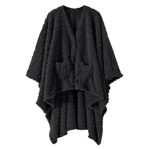 Wearable Blanket Poncho Cape Wrap for Adult, Cozy Sherpa Fleece Pocketed Shawl TV Throw Blankets for Office and Lounge,Black - color: Black