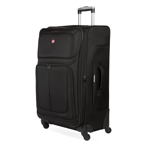 SwissGear Sion Softside Expandable Spinner Luggage Durable Lightweight Travel Suitcase, Black, Checked-Large - color: Black, size: Checked-Large