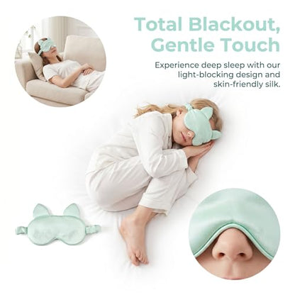 Kids Sleep Mask, 100% Mulberry Silk Eye Cover for Sleeping, Green - color: Green Kitten