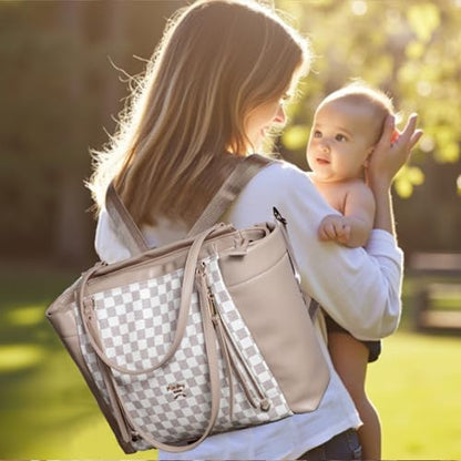 miss fong Checkered Diaper Bag Tote Leather Diaper Bag Backpack, Large Capacity Mommy Bag Hospital Bag, 12 Pockets Travel Diaper Tote with Changing Pad for Mom Plaid Tote Bag for Women-Beige&Honey - color: Beige&honey
