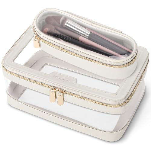 Soimeat Travel Clear Makeup Bag with Makeup Brush Bag, Leather Make up Case Toiletry Bag, Portable Cosmetic Bag Case, Transparent Waterproof Cosmetic Organizer Storage Bag for Women, Off-White - size: L