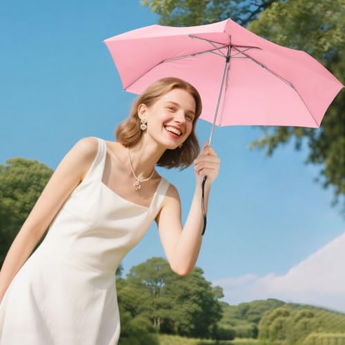 Travel Umbrella Compact Small Folding Windproof Lightweight for Women - color: Pink