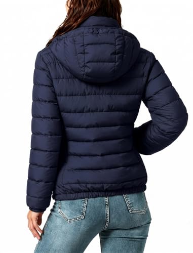 Packable Down Jacket Women Lightweight Quilted Puffer Coat Hooded Travel - color: Navy Blue, size: Large