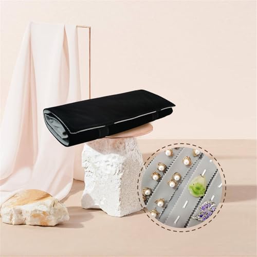 Travel Jewelry Case, Velvet Jewelry Organizer Roll Bag - color: Grey and Black
