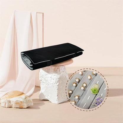 Travel Jewelry Case, Velvet Jewelry Organizer Roll Bag - color: Grey and Black