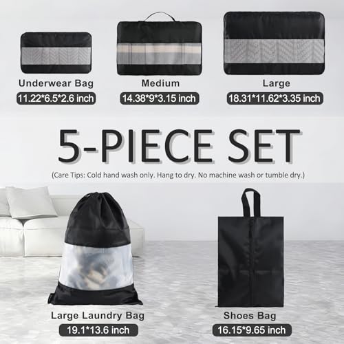 U+U 5 Set Packing Cubes, Travel Organizers with Shoe Bag (Black) - color: Black