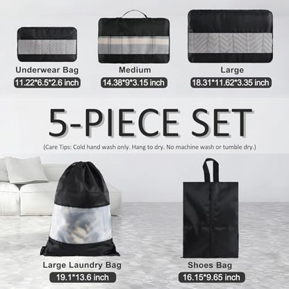 U+U 5 Set Packing Cubes, Travel Organizers with Shoe Bag (Black) - color: Black