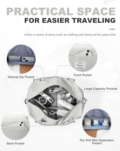 Travel Duffel Weekender Bag Women Tote Carry On Bags With Shoe Compartment - color: H13-LightGrey-0525, size: Large