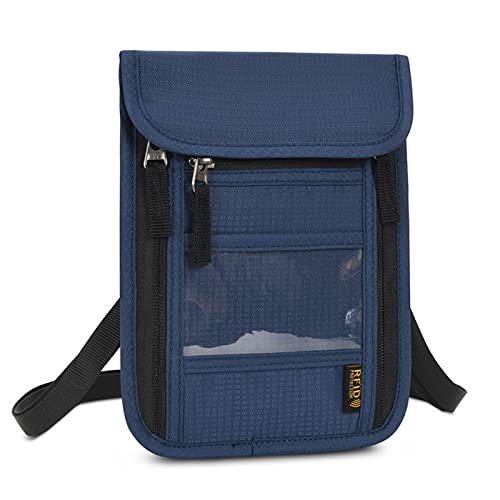 CLAPE Waterproof RFID Blocking Travel Neck Wallet ID Card Organizer Pouch Passport Bag Adjustable Neck Lanyard Unisex Tear-Resistant Cell Phone Purse - color: HZB01-Navy