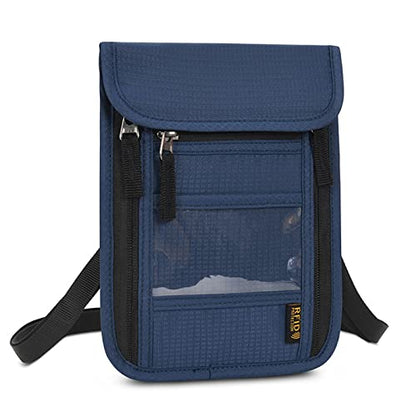 CLAPE Waterproof RFID Blocking Travel Neck Wallet ID Card Organizer Pouch Passport Bag Adjustable Neck Lanyard Unisex Tear-Resistant Cell Phone Purse - color: HZB01-Navy