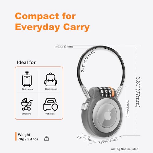 DRESSUP Metal Holder with Combination Lock, Lockable Case for Luggage, Backpack, Suitcase, Stroller & Ski Gear, GPS Tracker Case with Cable Lock Mount (Retro Gun Gray)