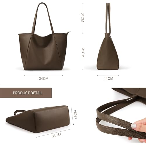 KALIDI Large Tote Bag Vegan Leather 16L Casual Zipper Work Weekender - color: Coffee Brown