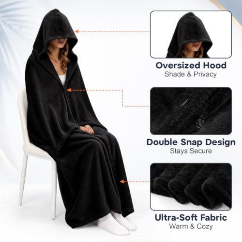 Hooded Blanket for Airplane Travel, Compact Fleece, Black - color: Black