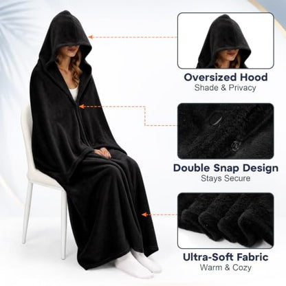 Hooded Blanket for Airplane Travel, Compact Fleece, Black - color: Black