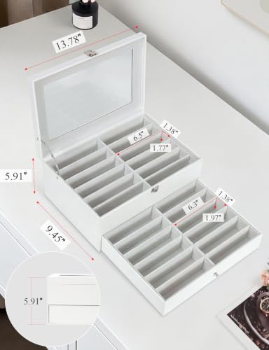 Sunglasses Storage Organizer Case with 24 Adjustable Slots, 2 Layer Multi Eyeglass Glasses Display Box with Lid Women - color: Off White,24 Slots