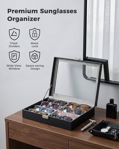 ProCase 8/16 Slots Sunglasses Organizer Box with Clear Glass Lid & Lock, PU Glasses Storage Display Case with Tilted Dividers - color: Black, size: 8 Slots