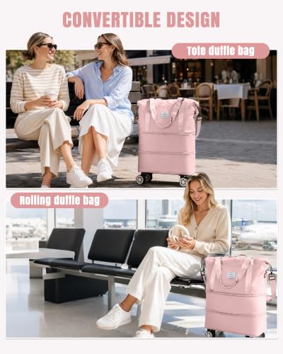 Rolling Duffle Bag with Wheels Expandable Travel Bag with Pump Pink - color: F5-Pink