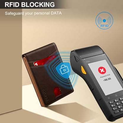 ZALVEX Wallet for Men Slim RFID Blocking Leather Credit Card Holder Wallet - color: Coffee + Brown