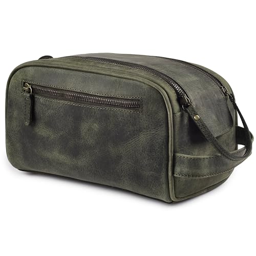 LEATHER VILLAGE Leather Toiletry Bag for Men, Travel Dopp Kit Shaving Bag - color: Olive