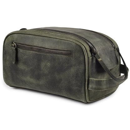 LEATHER VILLAGE Leather Toiletry Bag for Men, Travel Dopp Kit Shaving Bag - color: Olive