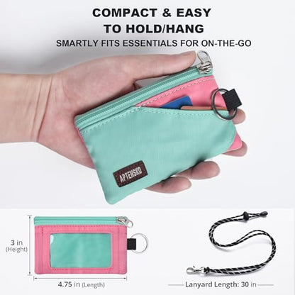 RFID Blocking Travel Wallet with Adjustable Lanyard, Small Nylon Zipper Pouch and Badge Holder for ID, Credit Cards, Cash, Keys, Commuters (Mint Aqua+Pink) - color: Mint Aqua+Pink