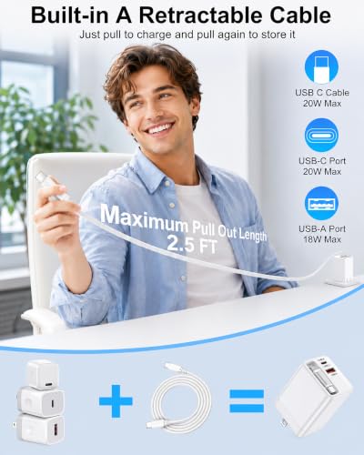 35w Retractable iPhone Wall Charger USB C, 3-in-1 Fast Charging Bloc | Built-In Retractable Cable, Usb-C & Usb-A Multi Ports, Foldable Plug Travel Ac Power Adapter For Apple 17e 17 Pro 16e 16 15 - color: Retractable Wall Charger-White