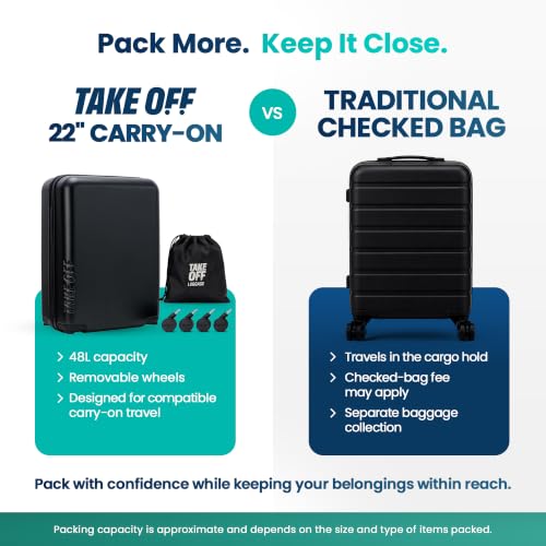 TAKE OFF 22 Inch Large Carry-On Suitcase Hardshell with Removable Wheels - color: Black, size: 22" - Carry On 4.0