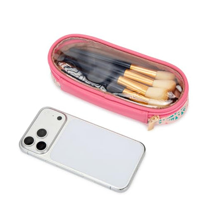 Wrangler Travel Makeup Bag 2pcs Set Cosmetic Bag with Makeup Brush Holder | Portable Make Up Organizer,Large Toiletry Bag with Divider and Handle for Women - color: Aztec-Pink