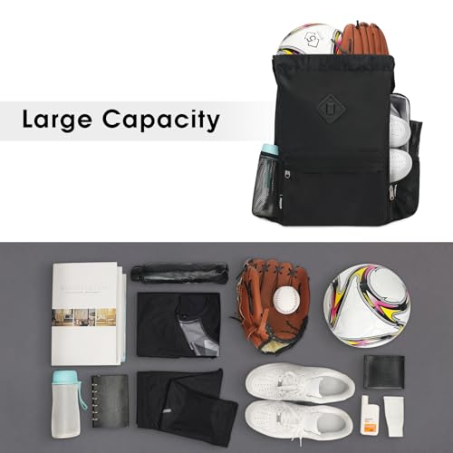 WANDF Drawstring Backpack with Shoe Compartment, Sports Gym Bag - color: L, Black, size: Large