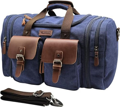 Wildroad Canvas Duffle Bag - 60L Expandable Weekender Overnight Travel Bag - color: Blue, size: X Large-60L Duffle Bag