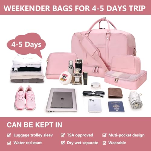 4‑PCS Leather Duffle Bag for Travel, Weekender Overnight Gym Bag Men Women - color: 4PCS Pink