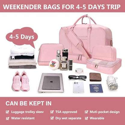 4‑PCS Leather Duffle Bag for Travel, Weekender Overnight Gym Bag Men Women - color: 4PCS Pink