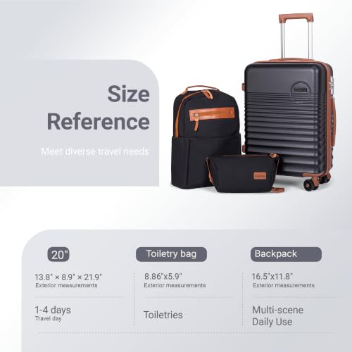 Luggage Sets 3Piece, Carry On Luggage 20in HardShell Suitcases sets - color: Black, size: 3 Piece Sets (20/BP/TB)