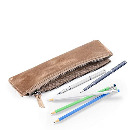 Londo Genuine Leather Pen Case with Zipper Closure, Pencil Pouch Stationery Bag - color: Mink
