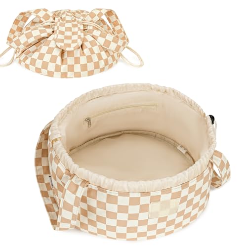 Narwey Lay Flat Drawstring Makeup Bag, Travel Toiletry Cosmetic Bag Women - color: Z-Light Checkerboard