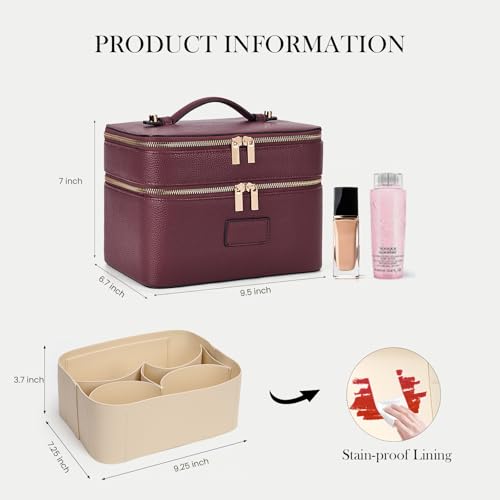 HiTotes Large Makeup Bag Duo Vanity Case for Women Leather Makeup Case Travel Toiletry Bag Portable Double Layer Cosmetic Bag - color: Burgundy