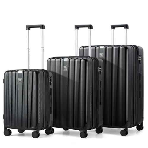 Hanke Expandable Hard Shell Luggage Sets, 3 Piece, 20/24/29 Inch - color: Jet Black, size: 3 Pc Set EXT (20/24/29)