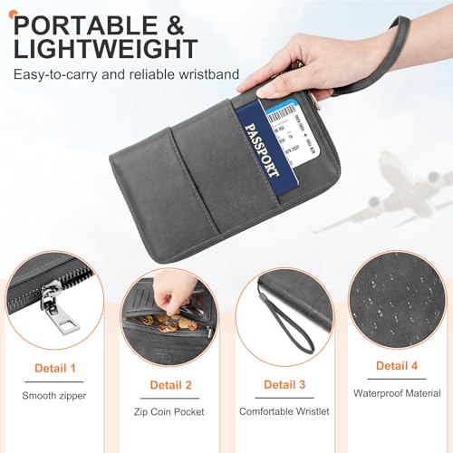 RFID Family Passport Holder Wallet - Travel Document Organizer | PU Leather, with Wristlet, Zipper, Cards, Boarding Pass, ID, Cash, Ticket Pockets,Travel Essentials Gifts for Women Men - color: Grey