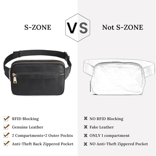 S-ZONE Fanny Packs for Women Genuine Leather RFID Blocking Crossbody Sling - color: 2-Black