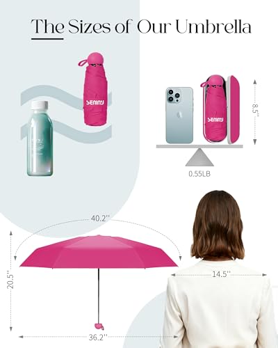 Seniny Mini Travel Umbrella with Case, Compact Pocket Size UV Sun & Rain - color: Pink