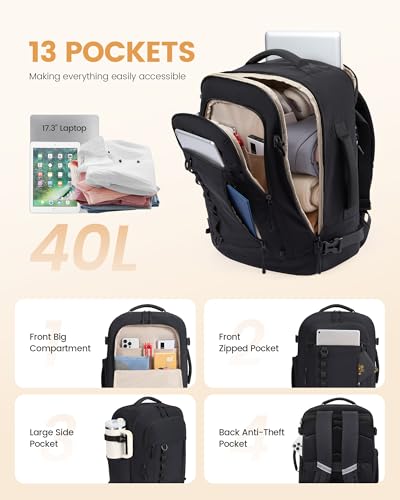 LOVEVOOK Travel Backpack for Women & Men, Flight Approved Carry on Luggage | Waterproof TSA Personal Item Daypack fits 17" Laptop, Overnight Suitcase with 3 Packing Cubes, Weekender Business Essentials - color: Navy Blue, size: Large-40L-4Pcs