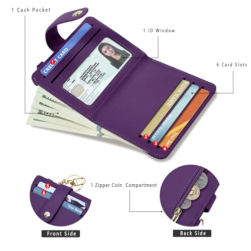 Airkit Small Wallet Women RFID, PU Leather Card Holder with Keychain - color: Purple