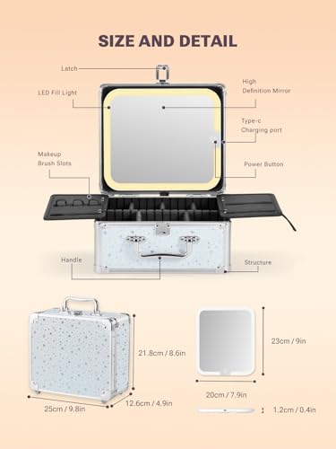 Qislee Makeup Box with Detachable Magnetic LED Mirror, Travel Train Case - color: Snow White, size: Small