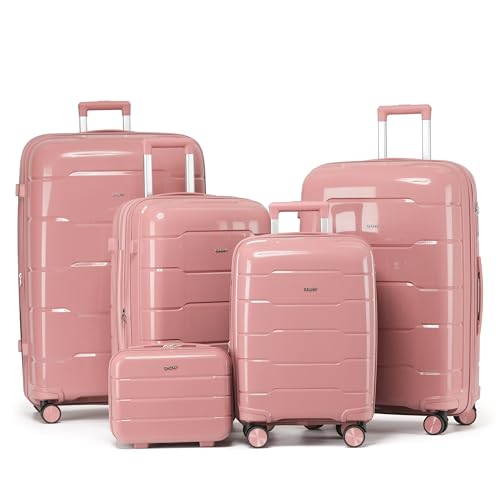 5-Piece Luggage Set Expandable Hardside Polypropylene Suitcase Set with TSA Locks & 8 Silent Spinner Wheels Lightweight Nested Suitcases Travel Set American Airline-Approved Carry-On - Pink - color: Pink, size: 5-Piece Set