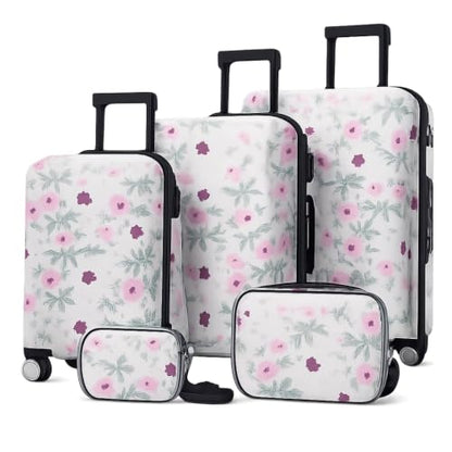 5-Piece Hardside Lightweight Impact-Resistant Luggage Set with 20/24/28 Inch Suitcases, 8/14 Inch Carry Cases, Combination Lock, Smooth Spinner Wheels for All Travel Needs - color: Green & Pink Flower