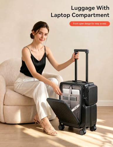 20-Inch Front Opening Carry On Luggage with Detachable Bag, Black - color: Black