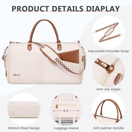 Joyrally Convertible Garment Duffle Bag for Women, 40L Carry-On, Beige - color: Beige