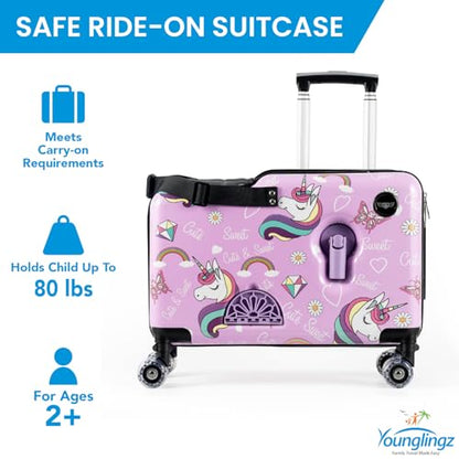 Younglingz LIL FLYER GO Version 2 Ride On Suitcase for Kids | Carry On Luggage with Toddler Seat, Foldable Handlebars, Pedals, and Removable Wheels | Holds up to 80 lbs | Glam | Ages 2-6 - color: Glam V2