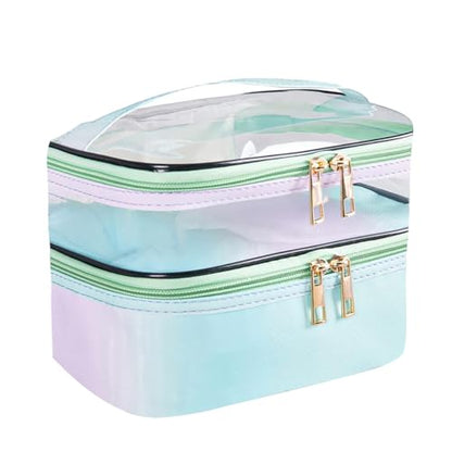 FITINI Makeup Bags Double Layer Travel Storage Cosmetic Cases Make up Organizer Toiletry Bags Water-resistant for Women Makeup Brush Bag,Gradient Green - color: Gradient Green